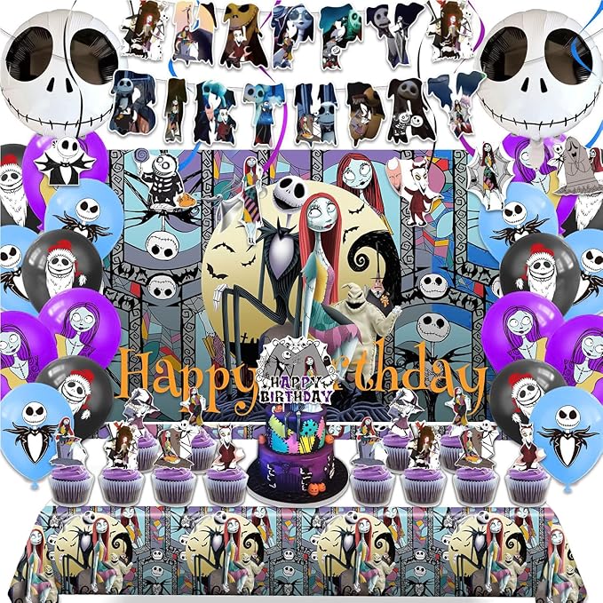 Favuit Birthday Decorations, Nightmare Christmas Party Supplies Halloween Birthday Party Decorations Set Includes Banner B...