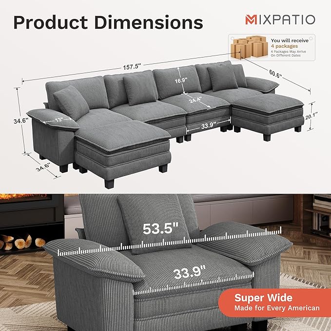 MIXPATIO 157-Inch U Shaped Sectional Sofa with Cloud Cushions, Deep Seat Modular Couch Set w/ 6 Seats & 2 Ottomans, Removable Arms, Plush Corduroy Upholstery for Living Room, Apartment - Gray