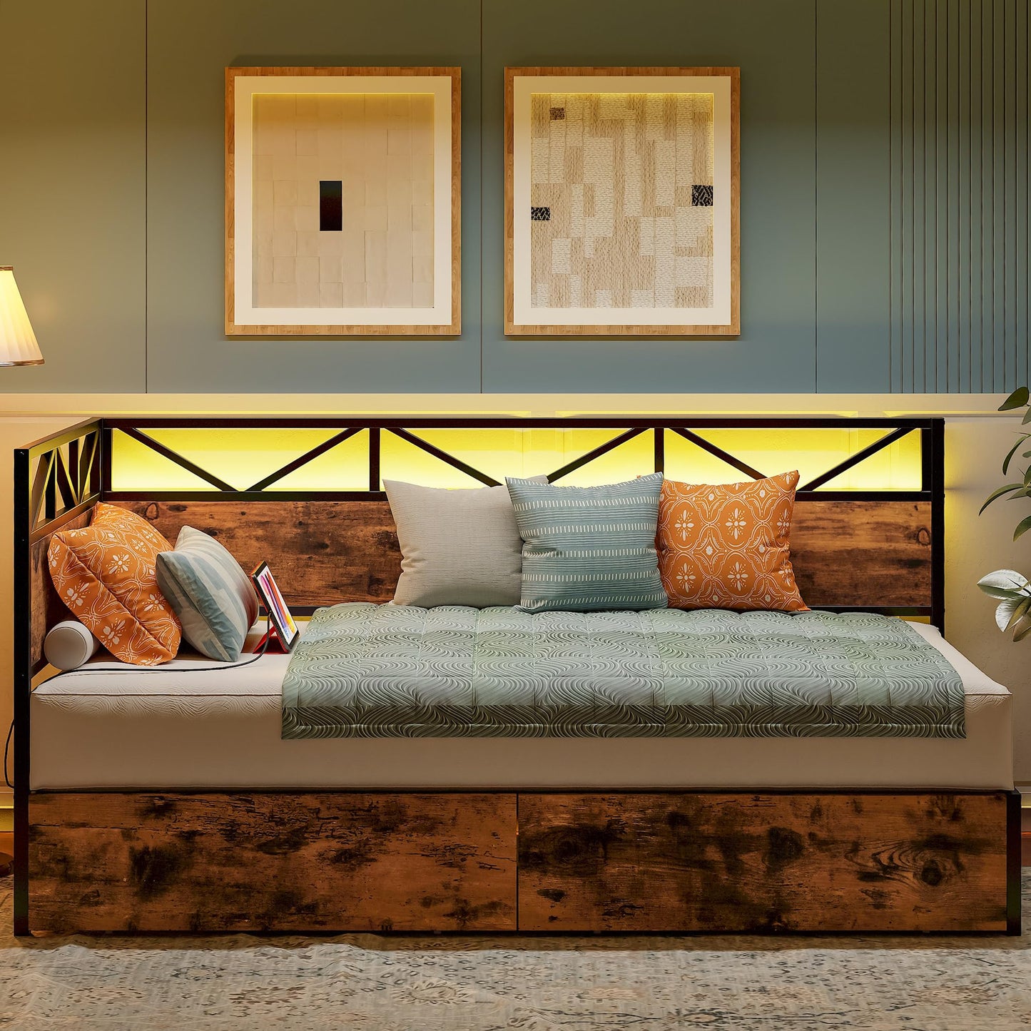 LIKIMIO Twin Daybed with Storage Drawers and Charging Station, Corner Bed Frames with Headboard and LED Lights, Industrial Brown