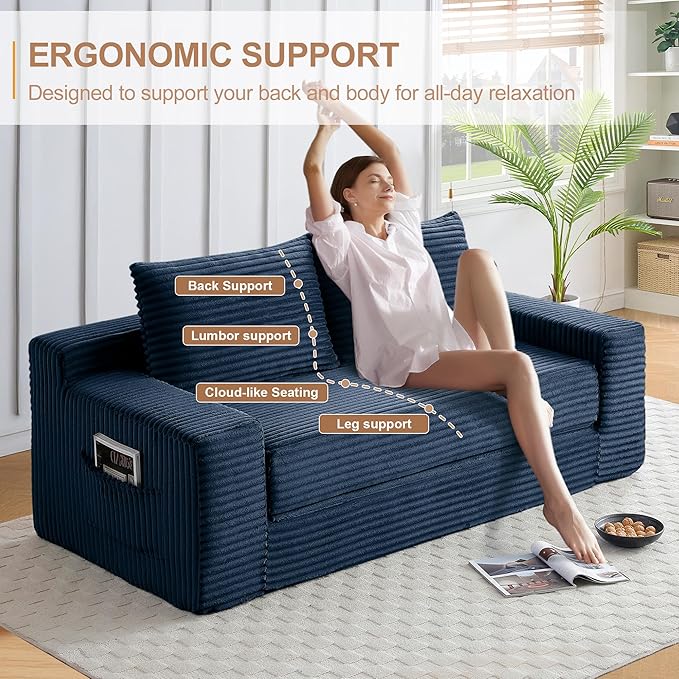 73" Convertible Sofa Bed, 2 in 1 Folding Couch Bed, Boneless Couch in a Box, Cloud Loveseat Sleeper, Fold Out Comfy Floor Futon Sofa with 2 Pillows for Living Room Bedroom, No Assembly (Blue, 73)