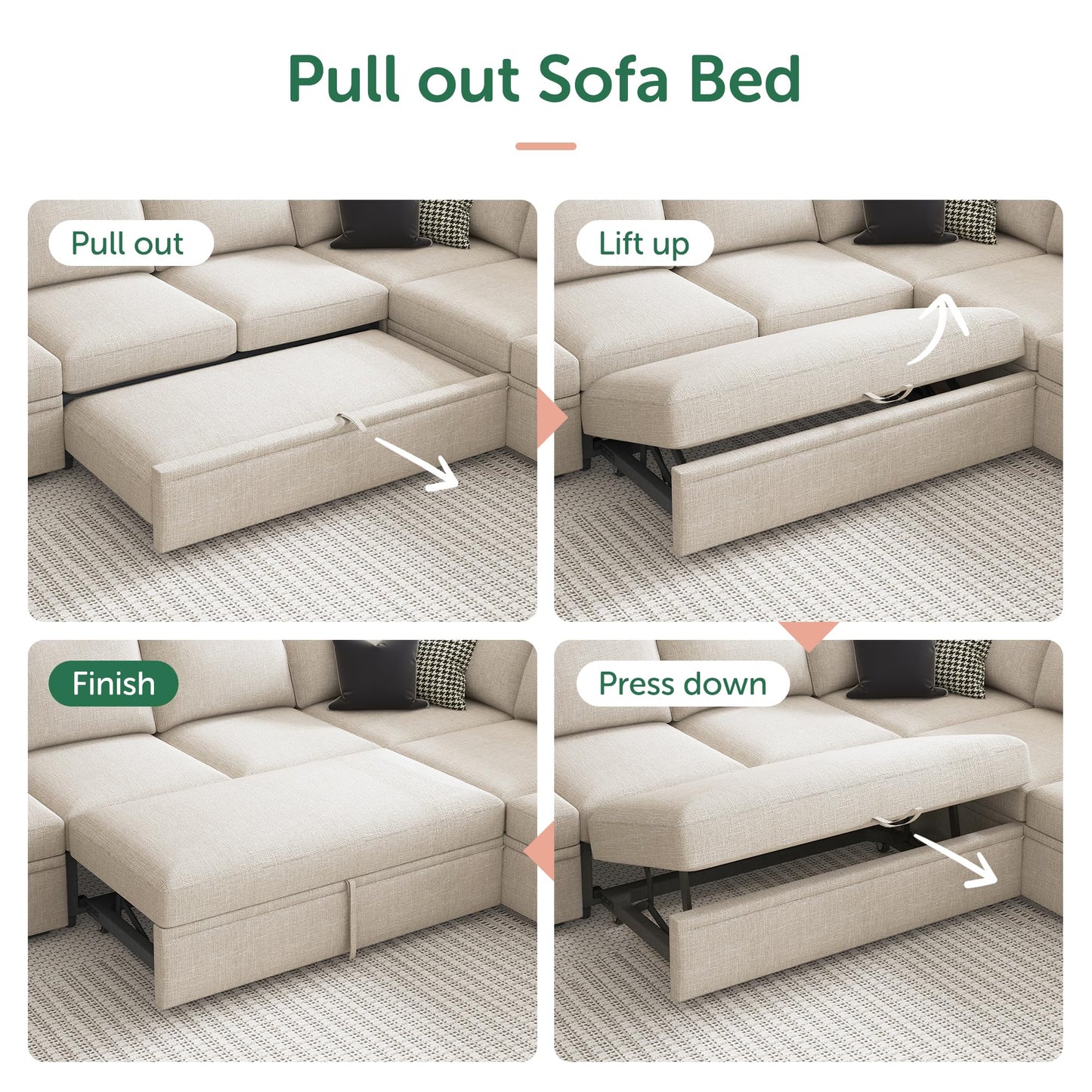 HONBAY Modular Sectional Sleeper Sofa with Pull Out Bed, U Shaped Sectional Couch with Storage Ottoman, Sleeper Sectional Couches for Living Room, Beige
