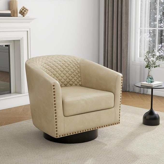 UIXE Swivel Accent Chairs Set of 2, PU Leather Barrel Club Chair for Living Room, Upholstered Round Armchair Comfy Single Sofa Bedroom Reading Seat - Beige