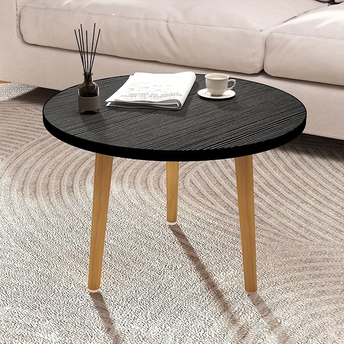 Funecy Round Coffee Table Low Table with 3 Solid Wood Sturdy Legs, Floor Table Desk for Sitting on The Floor, Storage and Living Room Furniture (Black)