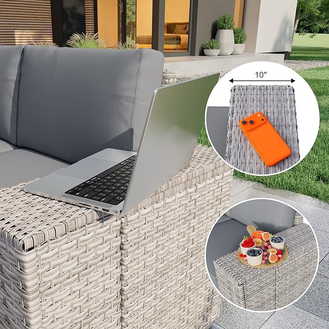 PCSXDSW 13-Piece Outdoor Patio Furniture Set, Rattan Wicker Conversation Set with Wide Armrests, Outdoor Modular Sectional Couch Seating Group Sofa with Fire Pit for Deck Garden Porch (Gray Cushions)