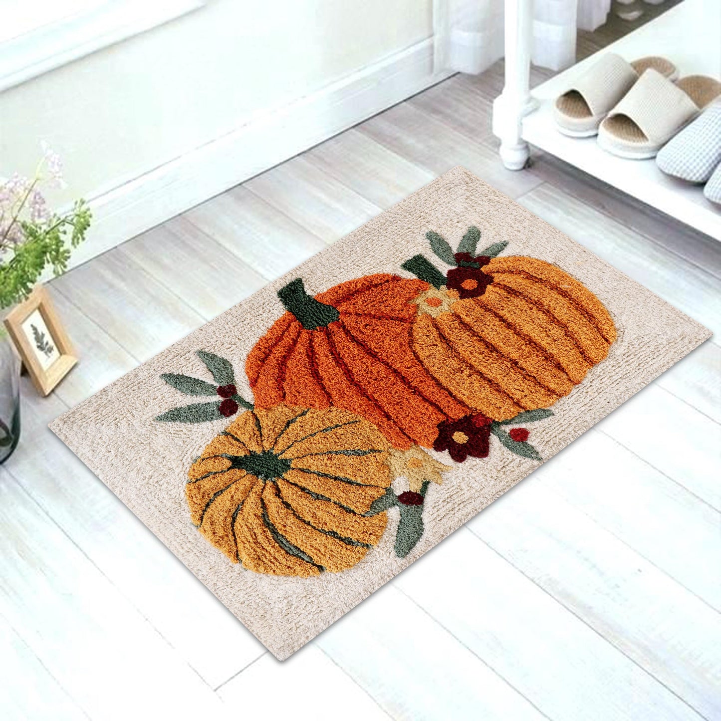 KEMA Soft 100% Cotton Halloween Pumpkin-Style Regular Use Rectangular Spa Mat Rug Plush Water Absorbent, Decorative Border - for Bathroom Vanity, Bathtub/Shower - Machine Washable - 1 Pack