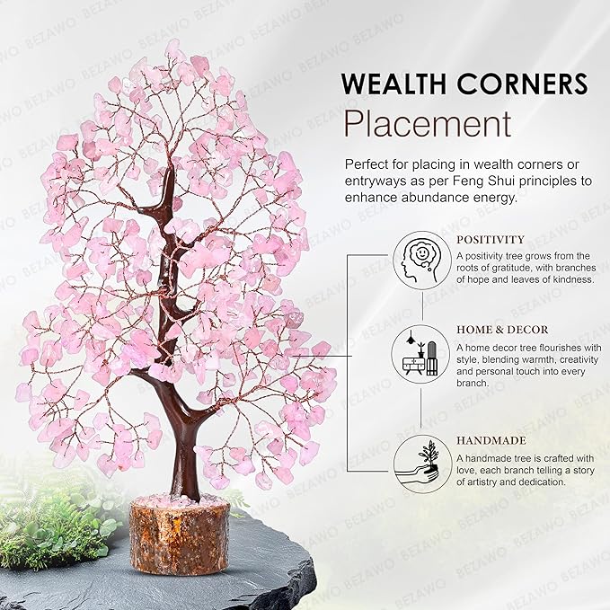 Crocon Rose Quartz Crystal Tree of Life Pink Room Decor & Healing Crystals Cute Desk Accessories Spiritual Birtdhay Gifts for Women House Warming Gifts New Home Decor for Mom Sister & Girlfriend