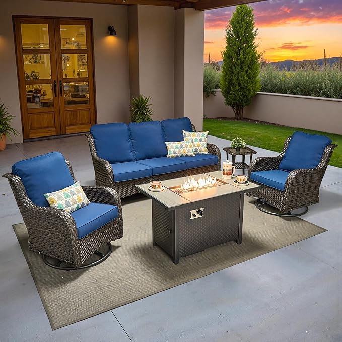 ovios 5 Pieces Patio Furniture Set, Outdoor Wicker Sofa Couch with Swivel Chairs 42" Fire Pit Table, High Back Modern All Weather Conversation Sets, Brown Rattan, Navy Blue