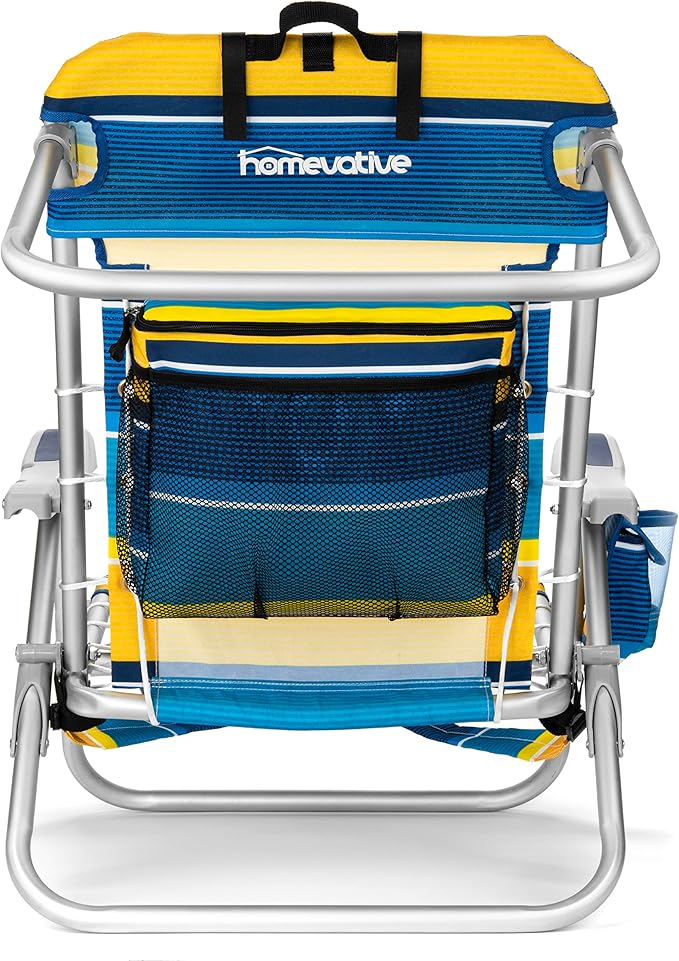 Homevative Cooler+ Folding Backpack Beach Chair with 5 Positions, Towel bar, XL Cooler Pouch, Storage Net, Cup and Phone Holder, Sunshine, 2 Pack