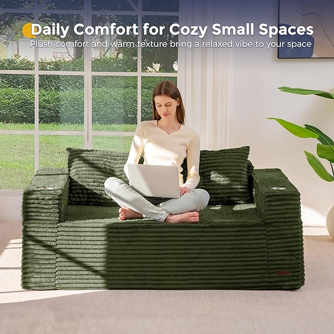 MAXYOYO 63" Boneless Loveseat Sofa Couch for Small Spaces, Mini Love Seat Floor Couch with Cup Holders and Pillows, 2-Seater Upholstered Cloud Couch for Bedroom Apartment, No Assembly Required