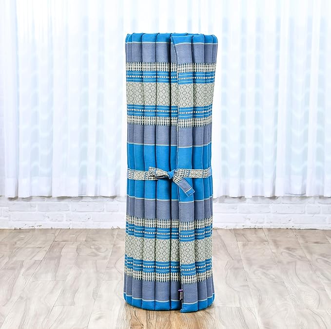 Leewadee - Foldable Floor Mattress - Japanese Roll Up Futon -Trifold Tatami Mat- Guest Floor Bed - Camping Mattress - Thai Massage Mat, Kapok Filled, 75 x 39 inches, Light Blue