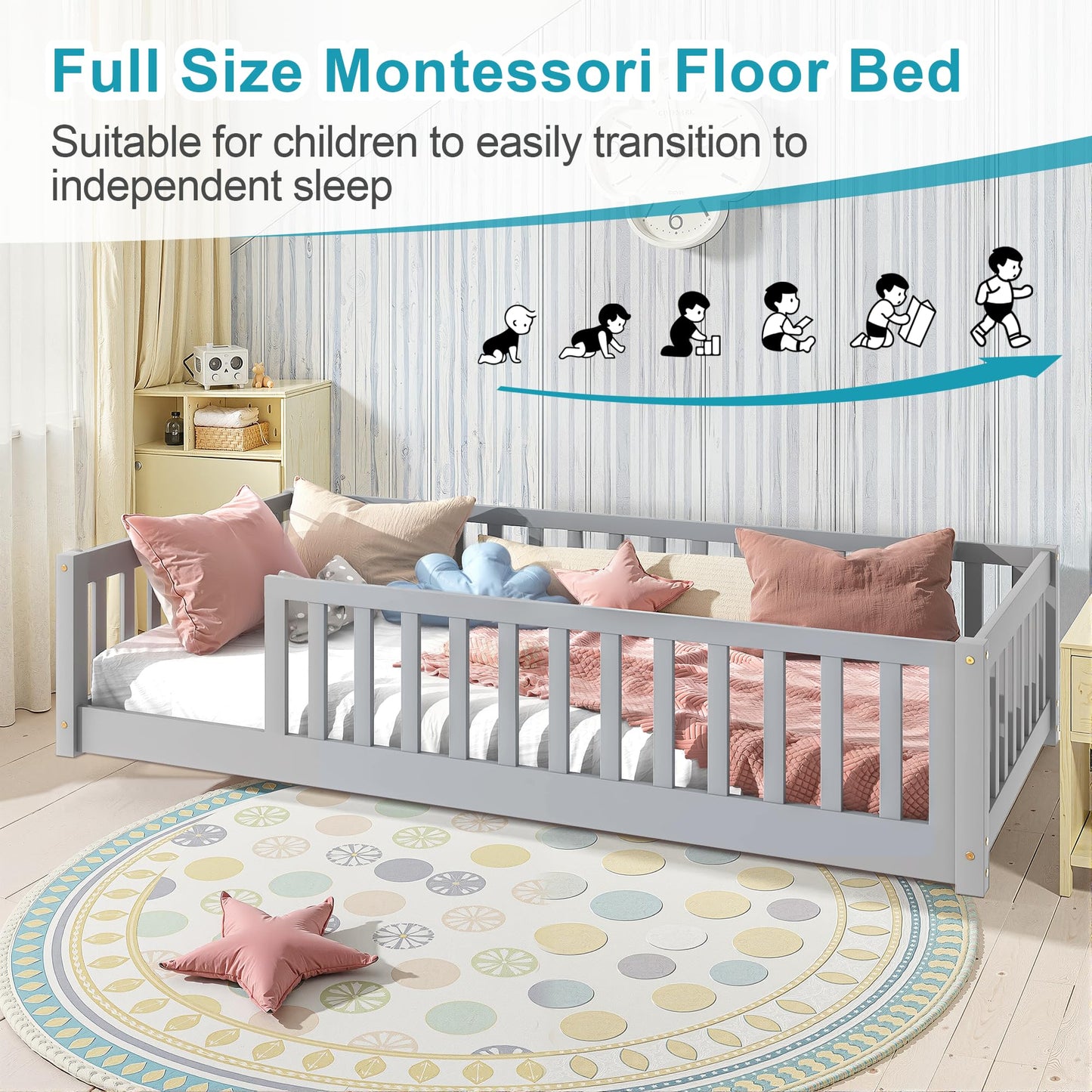 Lyngins Twin Size Floor Bed for Kids Montessori Bed Frame with Wood Slats, High Fence Floor Bedframe Twin Beds for Boys, Girls, No Doors, Gray