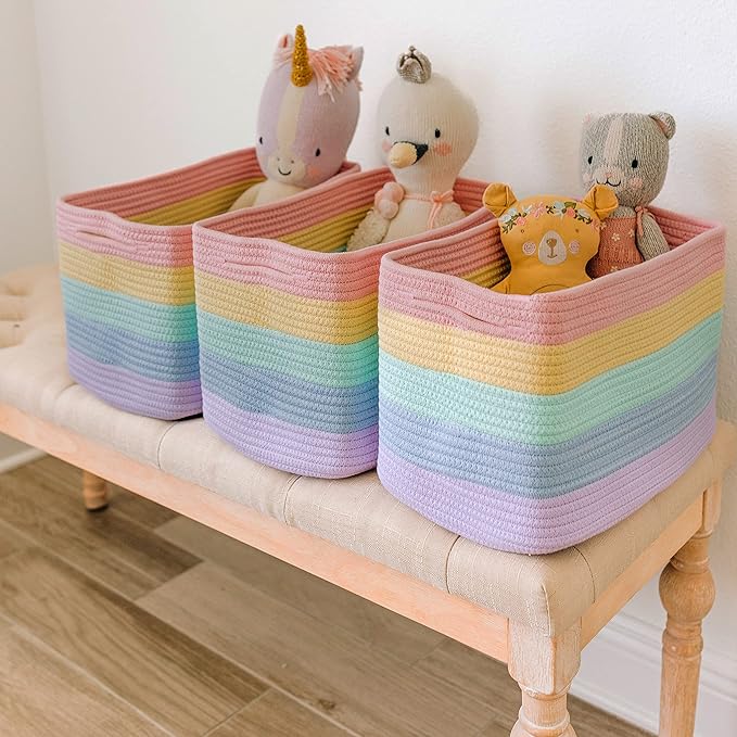 OrganiHaus Set of 3 Pastel Rainbow Woven Storage Baskets for Shelves, Decorative Organizer Bins for Kids Room, Nursery & Classroom, Colorful Toy Storage Basket for Playroom Decor – 15x9x10 inches