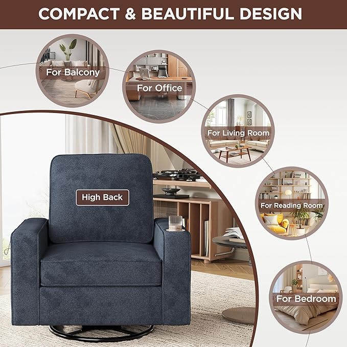 Swivel Square Accent Chair with Wide Armrests,360° Rotating Comfy Single Sofa Chairs with USB/Type-C,Cup Holder & Side Pocket,Modern Armchair for Living Room Bedroom Reading Lounge Nook,Blue | Swivel Accent Chair, with USB/Type-C, Cup Holder, Side Pocket