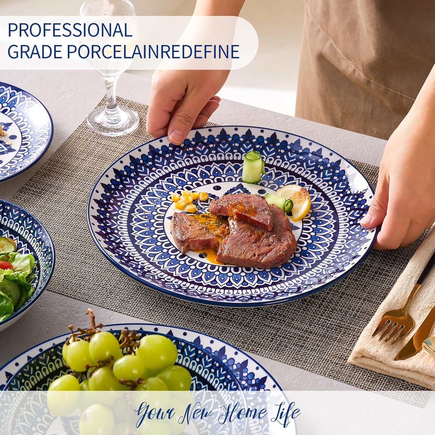 Bestone Porcelain Dinnerware Sets Service for 4, 12 pcs Hand drawn Plates and Bowls Sets, Handmade Ceramic Dish Set, Chip Resistant Modern Plate Set, Dishwasher/Microwave Safe，Vintage Blue