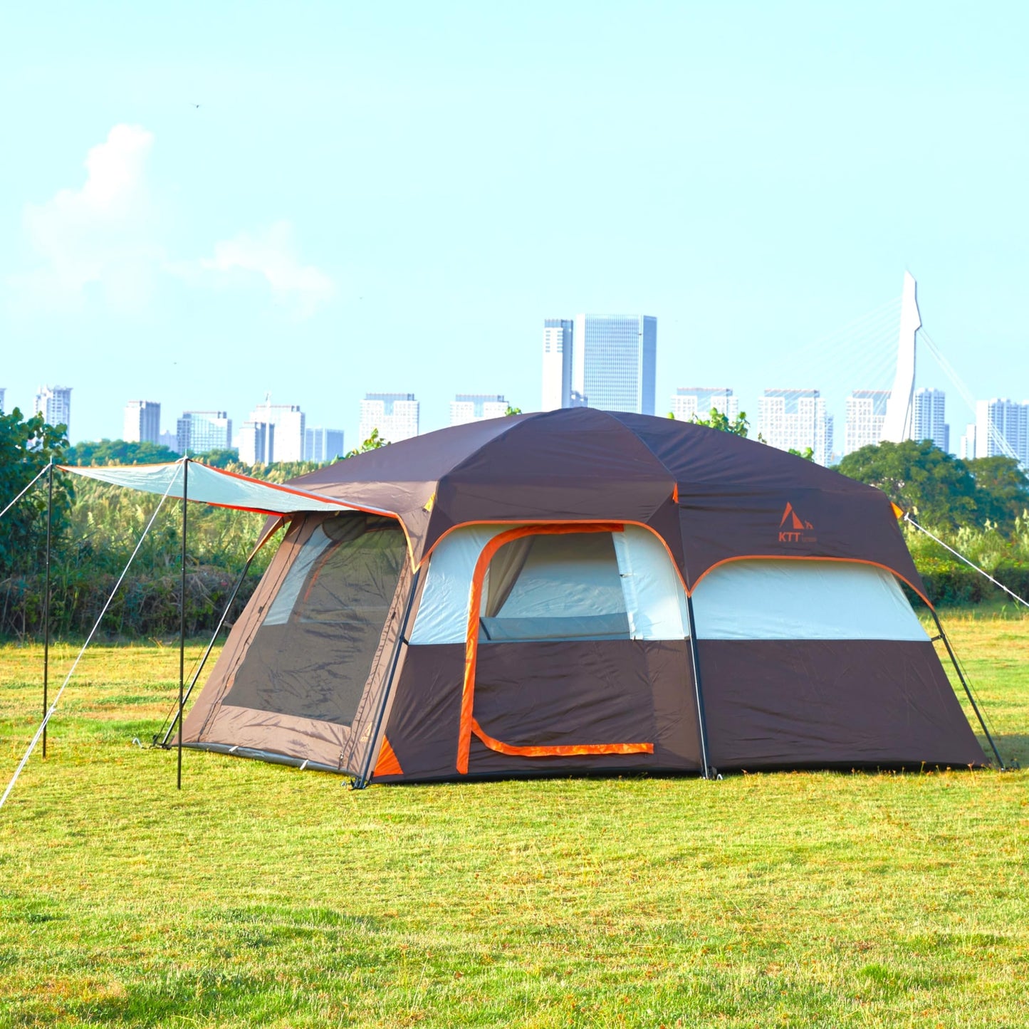 KTT Extra Large Tent 10 Person,Family Cabin Tents,2 Rooms,3 Doors and 3 Windows with Mesh,Straight Wall,Waterproof,Double Layer,Big Tent for Outdoor,Picnic,Camping,Family Gathering(Brown)