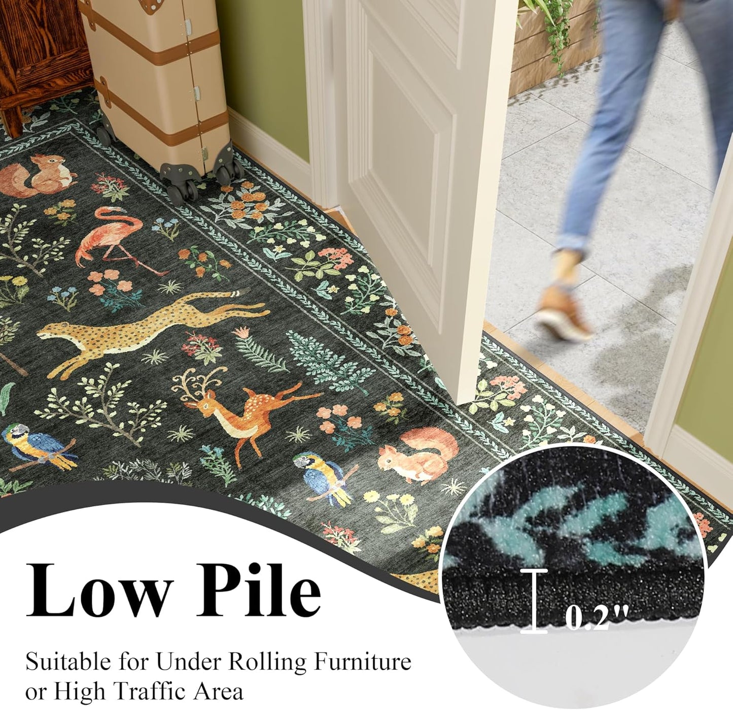 DUKINO 9x12 Rug, Washable Animal Living Room Rug with Non Slip Vintage Design, Soft Low Pile Large Carpet for Bedroom, Nursery, Dining Room, Farmhouse, Playroom, Black