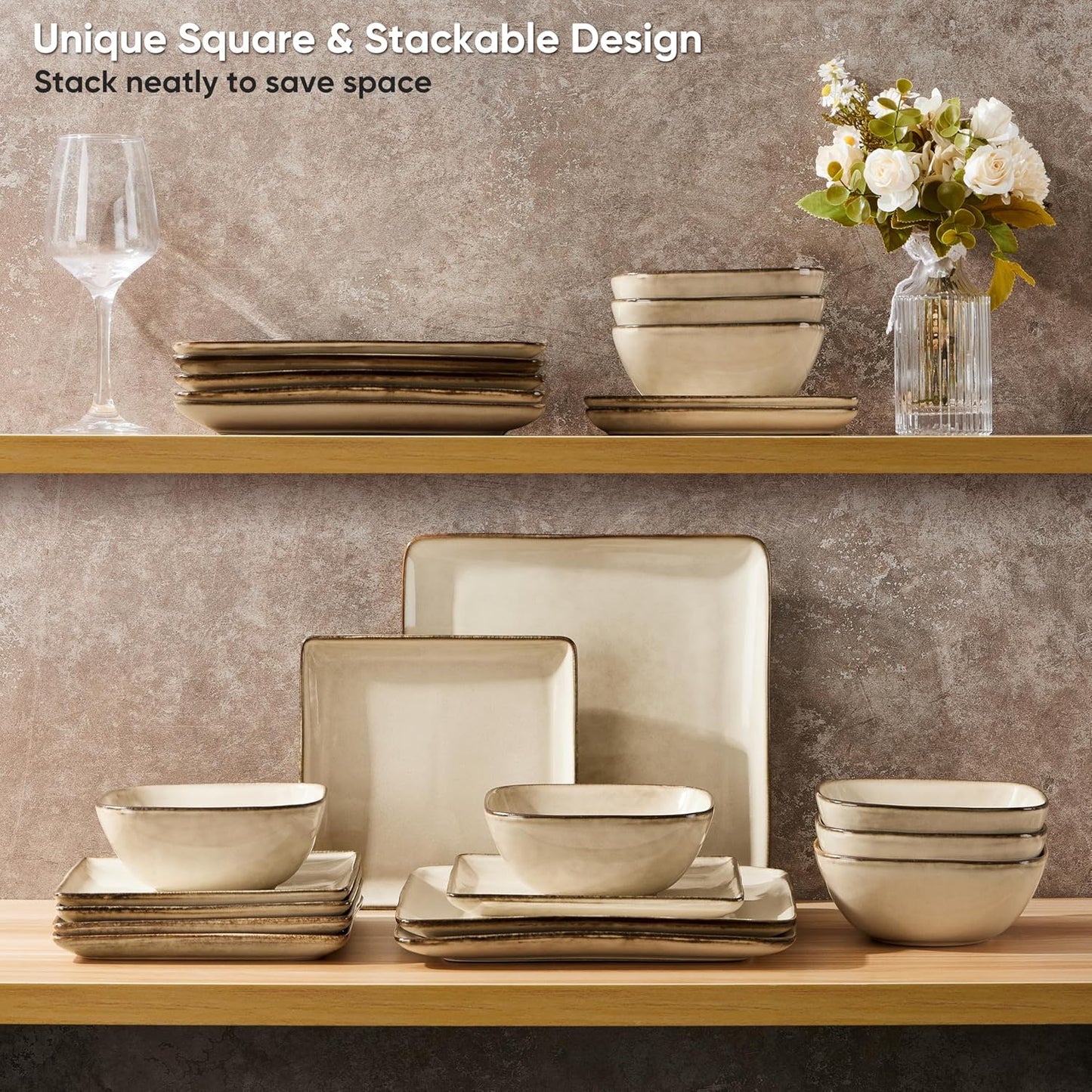 E-far Square plates and bowls Sets for 6, 18-Piece Reactive Glaze Stoneware Dinnerware Sets, Porcelain Dishware Sets for Kitchen Home, Microwave & Dishwasher Safe, Sandy Beige