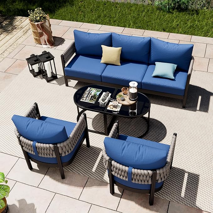 RTDTD Aluminum Patio Furniture Set,5 Pieces HDPE Rope Patio Conversation Sets with Modular Coffee Table,Metal Outdoor Sectional Furniture w/5.9" Thick Cushions for Porch,Deck,Backyard,Navy Blue
