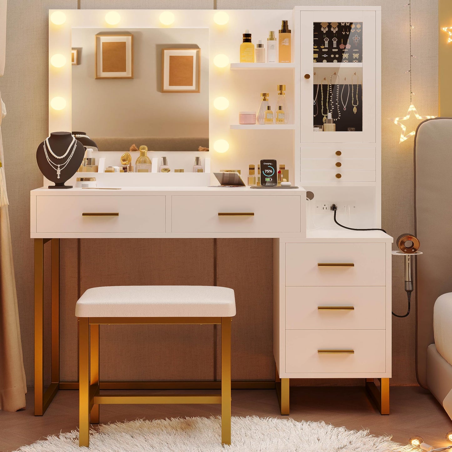 IRONCK Vanity Desk with Mirror and Lights, Makeup Vanity Table with 5 Drawers & Shelves, Power Outlet, Vanity Stool, Dressing Table with Jewelry Storage for Girls Bedroom, White & Gold