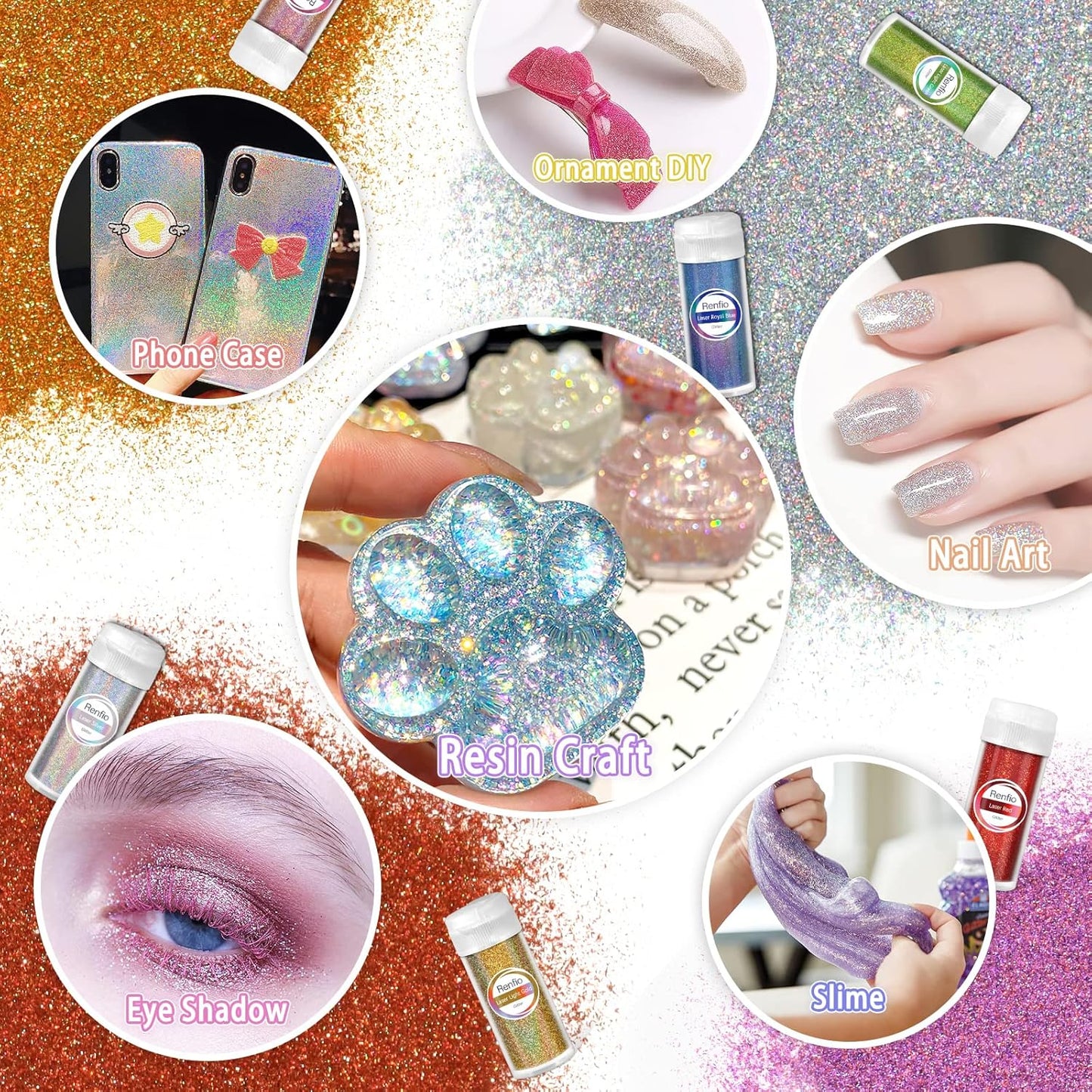 Renfio 28 Colors Holographic Glitter Set, 14.81oz 420g Ultra Fine Glitter Powder PET 1/128" 0.008" 0.2mm Resin Suppies Assorted Craft Glitter for Fake Nails, Resin Art, Tumblers, Slime, Hair, Bomb