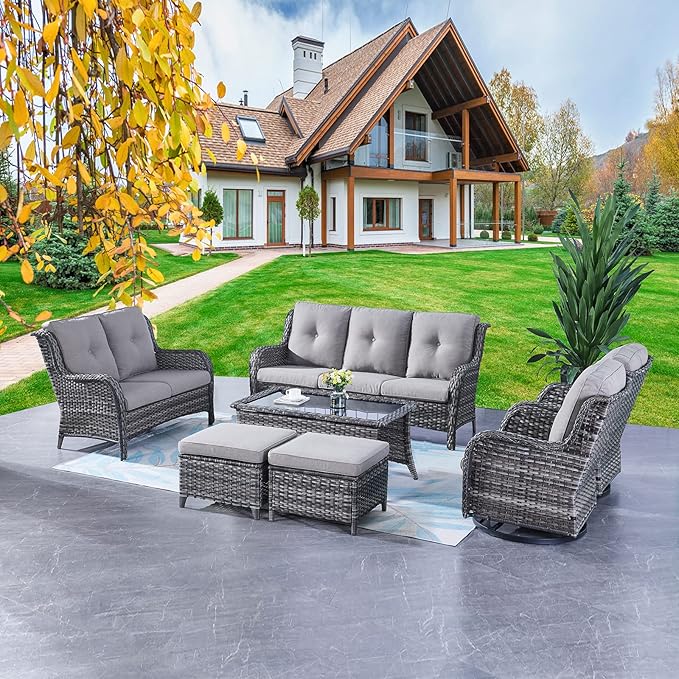 Rilyson Wicker Patio Furniture Set - 7 PC Rattan Outdoor Sectional Conversation Sets with 2 Rocking Swivel Chairs,2 Ottomans,1 Sofa,1 Loveseat and 1 Coffee Table for Porch Deck(Mixed Grey/Grey)