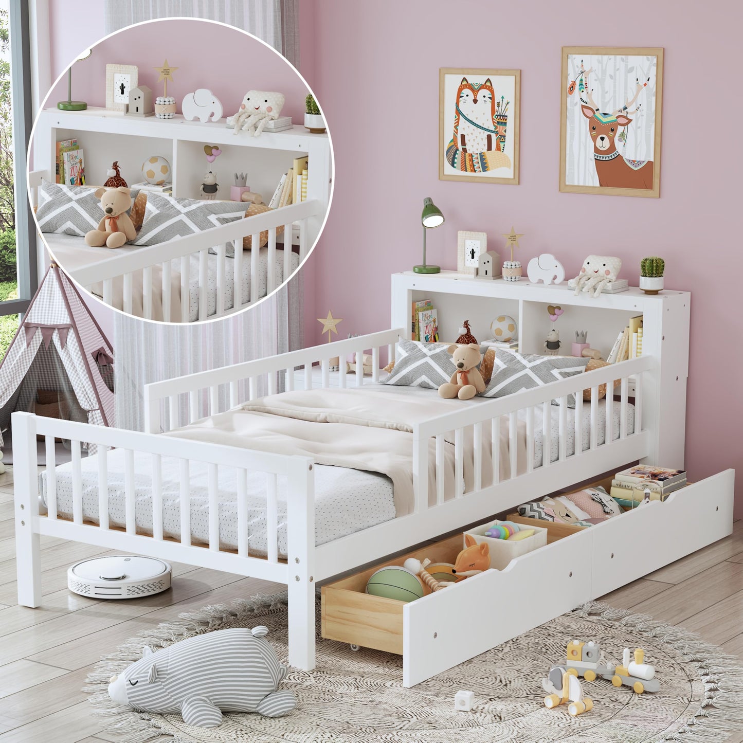 Bellemave Kids Twin Bed Frame with Storage Headboard, Wooden Platform Bed with 3 Side Guardrails and 2 Drawers, Twin Size Bed Frame, No Box Spring Needed, Low Daybed for Kids, White