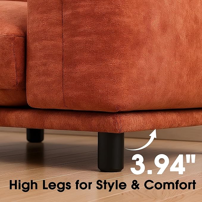Modern Minimalist Chenille Modular Sectional Sofa, Deep-Seat 3-Seater L-Shaped Couch with Movable Ottoman and Thick Cushions, Upholstered Sofa for Living Room, Bedroom, Office, Apartment Orange L Sofa