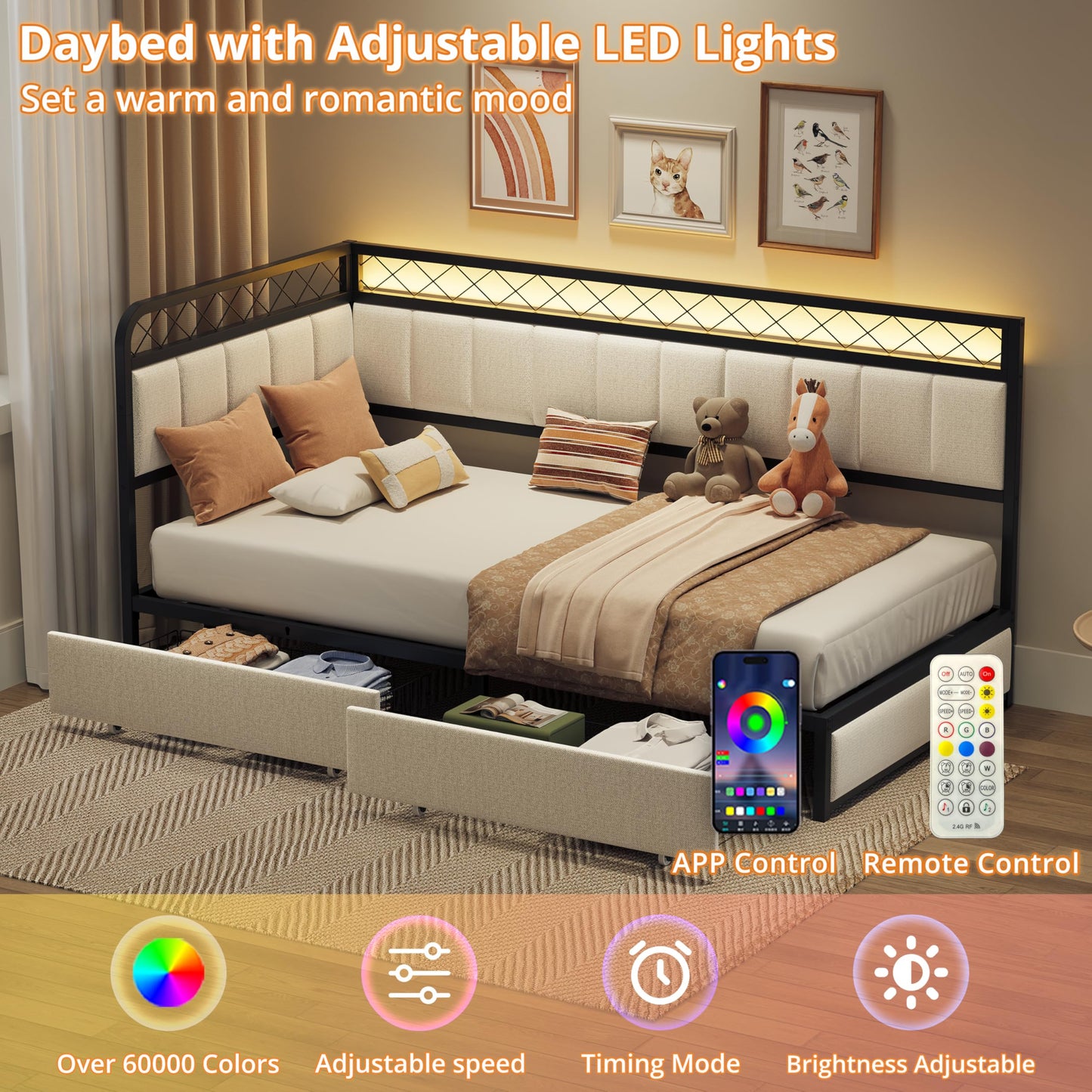 ANCTOR Twin Corner Bed Frame with 2 Storage Drawers, Daybed with LED Lights and Charging Station, Metal Platform Bed Frame for Living Room, Bedroom and Guest Room, Beige
