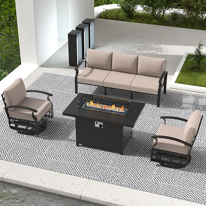 RTDTD Aluminum Outdoor Patio Furniture Set,4 Pieces 5 Seats Patio Conversation Sets with 45" Propane Fire Pit Table,Metal Patio Sectional Furniture Set with 2 Swivel Rocking Chairs,Sand