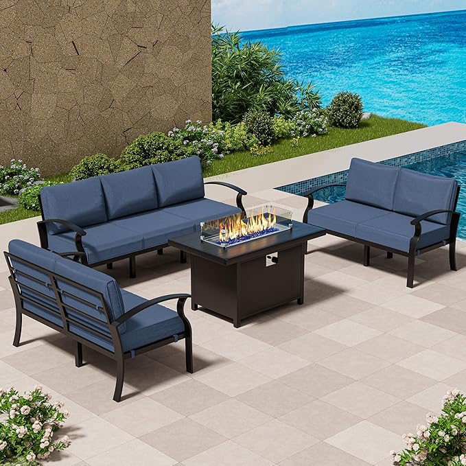 RTDTD Aluminum Outdoor Patio Furniture Set,4 Pieces 7 Seats Patio Conversation Sets with 45" Propane Fire Pit Table,Metal Patio Sectional Furniture Set w/5.1" Cushions,Navy Blue
