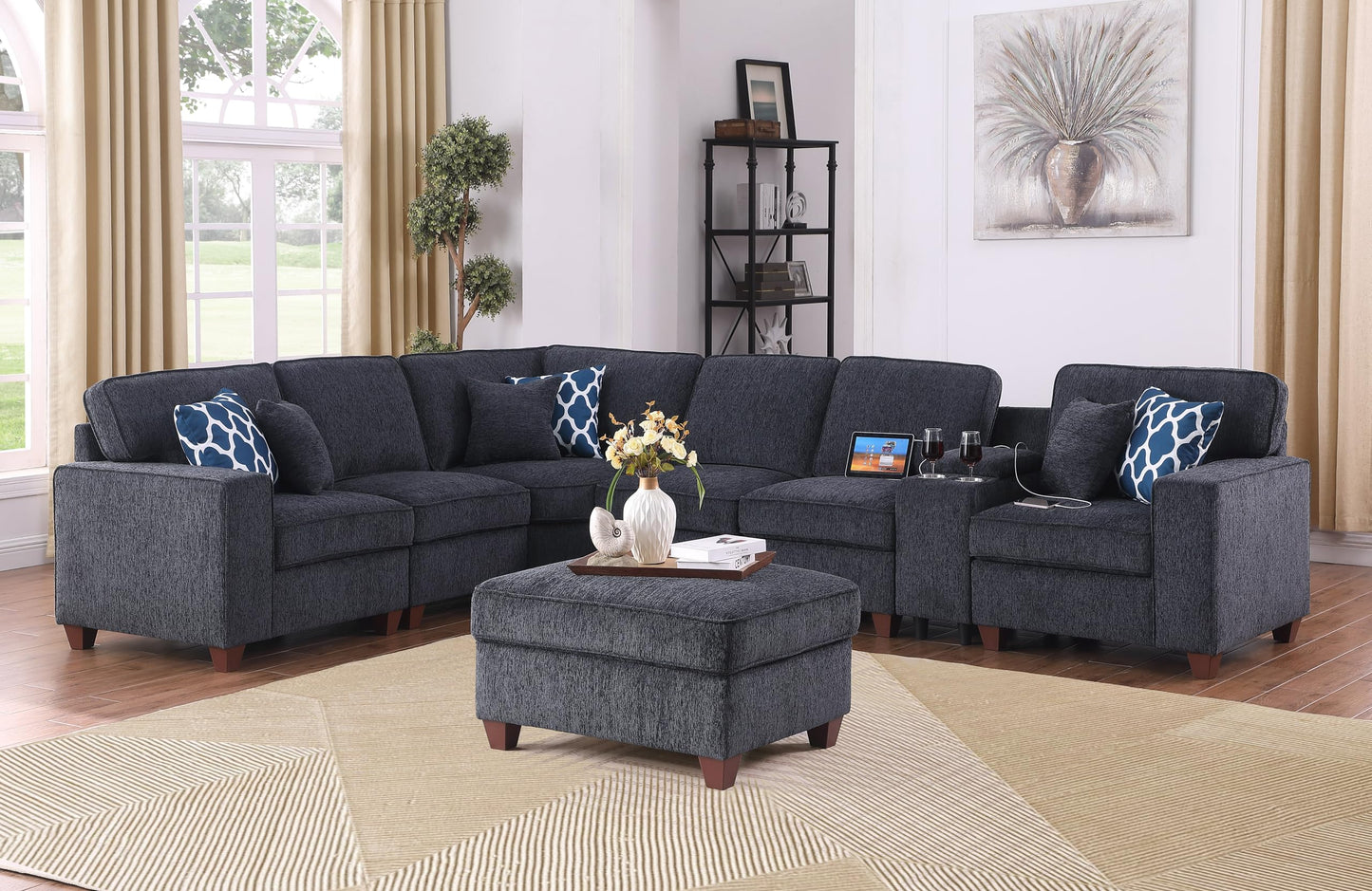 YOPTO 127" L-Shaped Sectional Couch with Movable Ottoman&6 Throw Pillows,7 Seat Chenille Upholstered Sofa W/2 Cup Holder,USB Port&Hidden Storage Box,DIY Combination,for Living Room,Apartment,Dark Gray