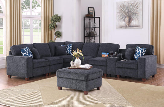 YOPTO 127" L-Shaped Sectional Couch with Movable Ottoman&6 Throw Pillows,7 Seat Chenille Upholstered Sofa W/2 Cup Holder,USB Port&Hidden Storage Box,DIY Combination,for Living Room,Apartment,Dark Gray