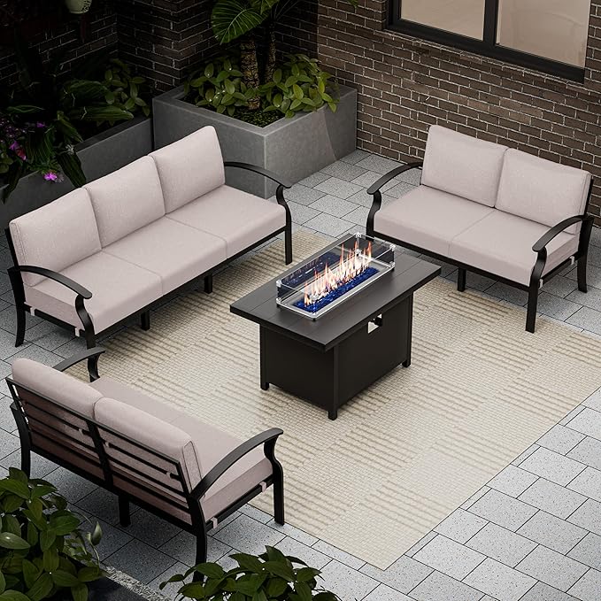 RTDTD Aluminum Outdoor Patio Furniture Set,4 Pieces 7 Seats Patio Conversation Sets with 45" Propane Fire Pit Table,Metal Patio Sectional Furniture Set w/5.1" Cushions for Porch,Deck,Backyard,Sand
