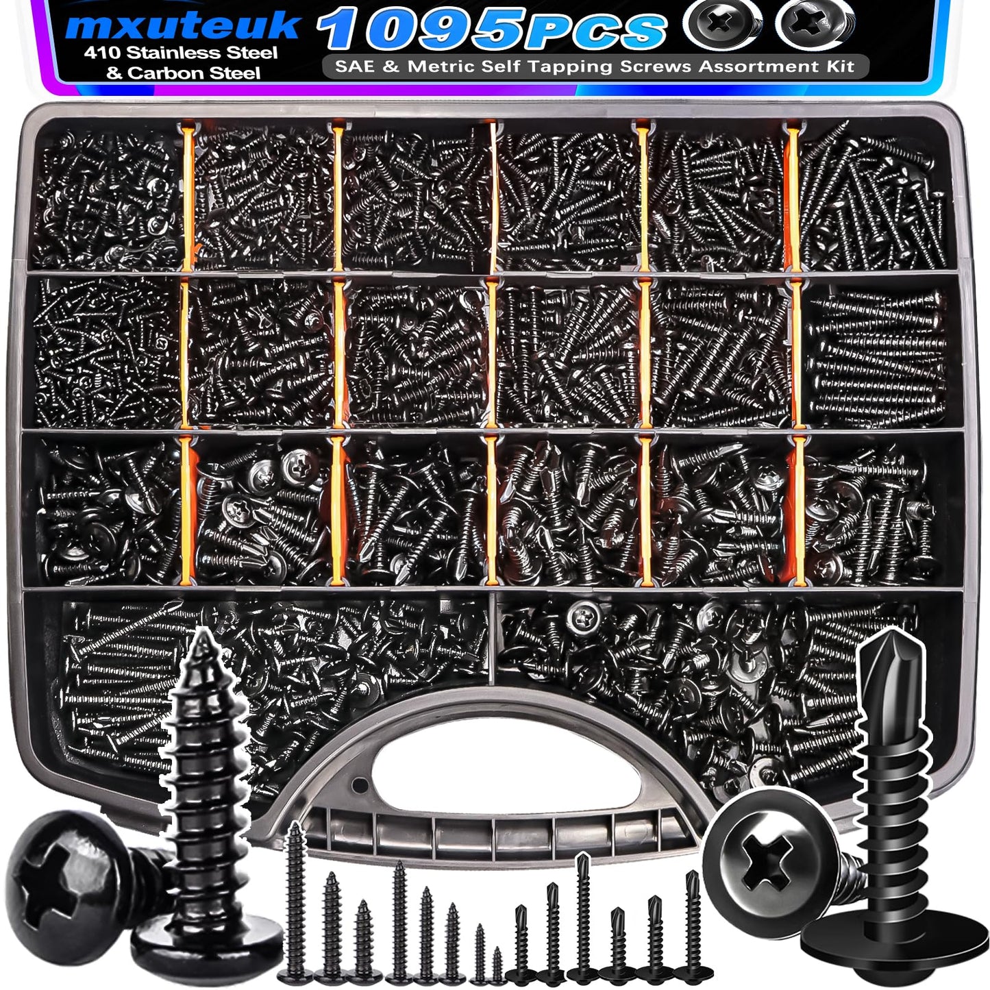 mxuteuk 1095PCS Self Tapping Screws for Metal, #8#10 410 Stainless Steel Truss Head Self Drilling Screws and M2 M3 M4 Carbon Steel Phillips Pan Head Self Tapping Screws for Plastic,Wood