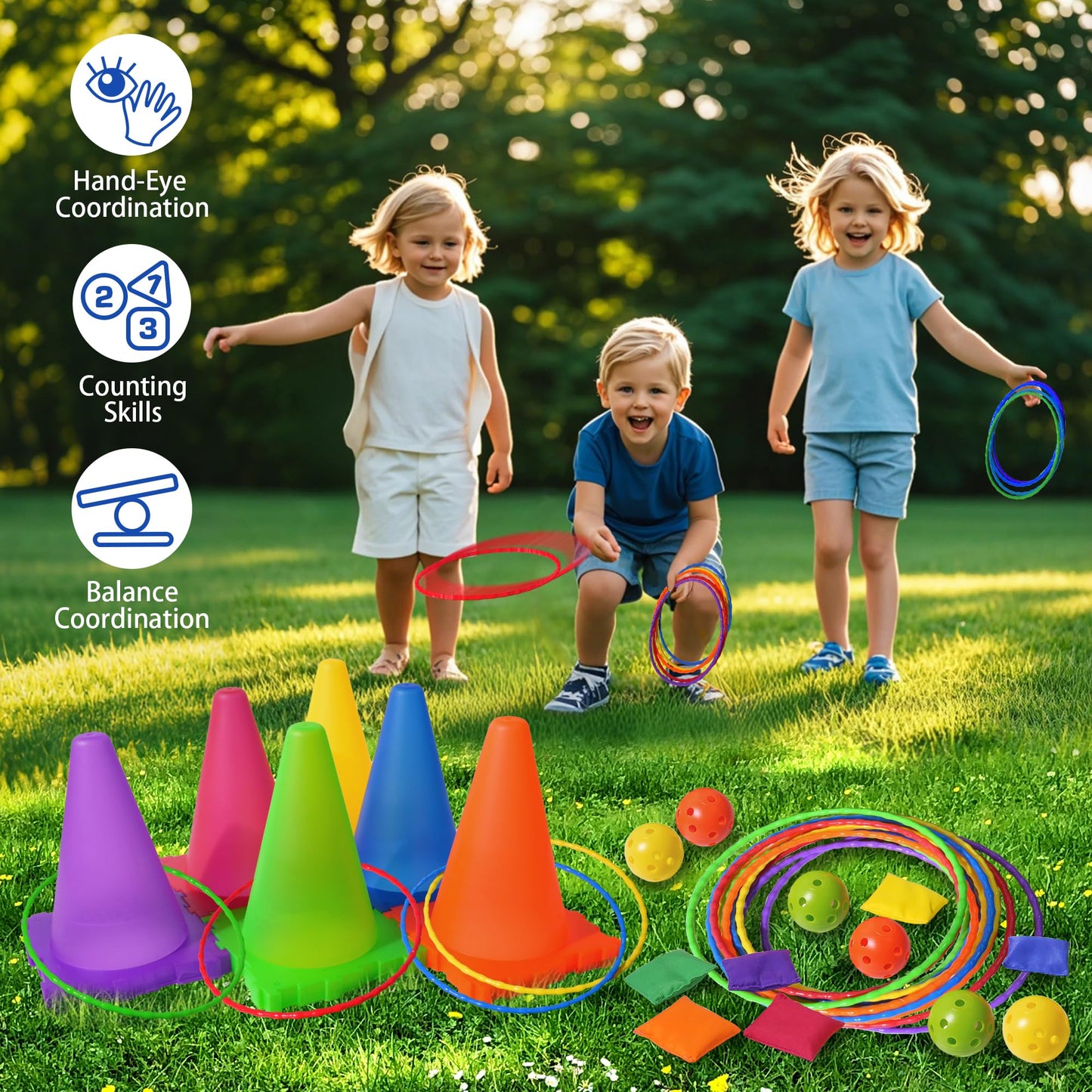 ALETYBOX 3 in 1 Bean Bags for Tossing, Throwing Ball Game, Cones Ring Toss - Outdoor Toys for Toddlers, Obstacle Course Game, Carnival Games, Backyard Games for Kids, Gift Kids Age 3 4 5 6 7