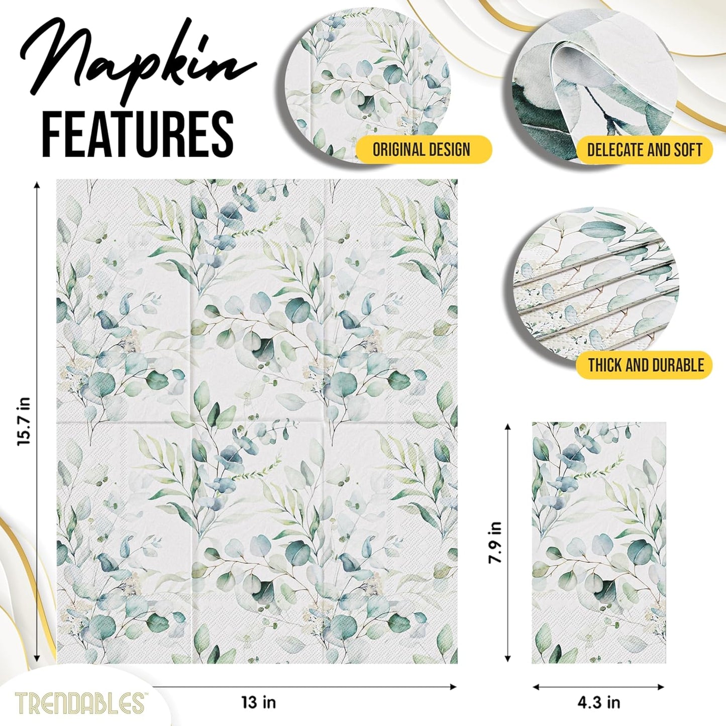 Trendables Sage Green Napkins for decoupage 100 Pcs 3 Ply Eucalyptus Napkins Decorative Guest Towels Disposable Bathroom, Flower Design For Tea Party Decorations, Dinners & Weddings
