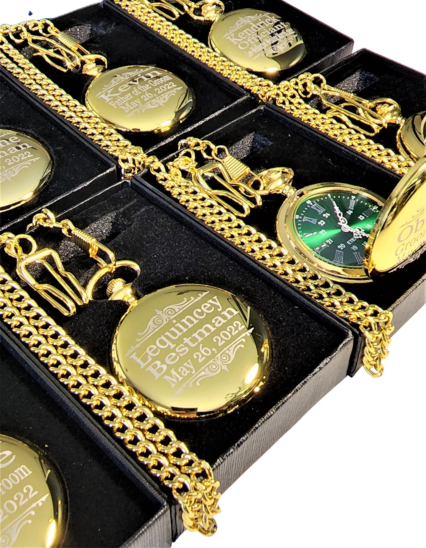 1 Engraved pocket watch - Comes with fitted custom box, chain and engraving - Green dial with Silver roman numerals - Personalized Wedding gifts (Rose Gold)