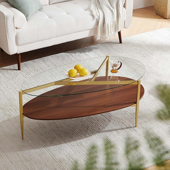 Pine Flicker Oval Coffee Table, Mid-Century Modern Design, Clear Glass Top and Walnut Finish Wood Shelf, Conical Metal Legs with Gold Finish | L43*W21*H17 inch, Fit for Living Room