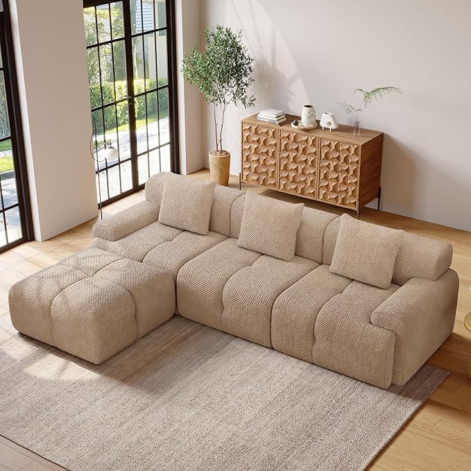 104" Modern L Shaped Modular Sectional Sofa, 4 Seater Convertible Chenille Cloud Couch Sofa Set, Boneless Couches for Living Room with Ottoman, No Assembly Required, Brown