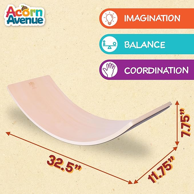 Acorn Avenue Non Slip Balance Board, 35 Inch Non Slip Felt Rocker Board Durable Wood, Kids Toddler Open Ended Learning Toy, Yoga Curvy Board