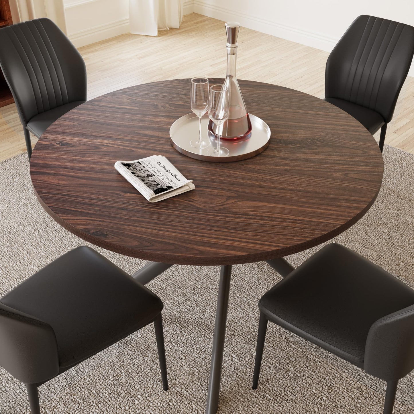 HIPIHOM 45.3'' Walnut Round Dining Table Set for 4, Mid Century Modern Small Coffee Set for Dining Room Kitchen Apartment (Walnut Table + 4 Black Chairs)