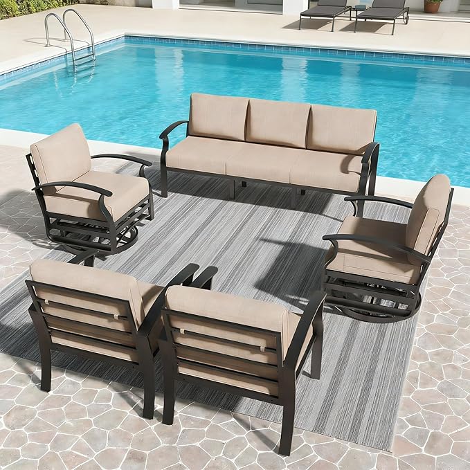 RTDTD Aluminum Outdoor Patio Furniture Set,5 Pieces 7 Seats Patio Conversation Sets with 2 Swivel Rocking Chairs,Metal Patio Sectional Furniture Set with 5.1" Thickened Cushions,Sand