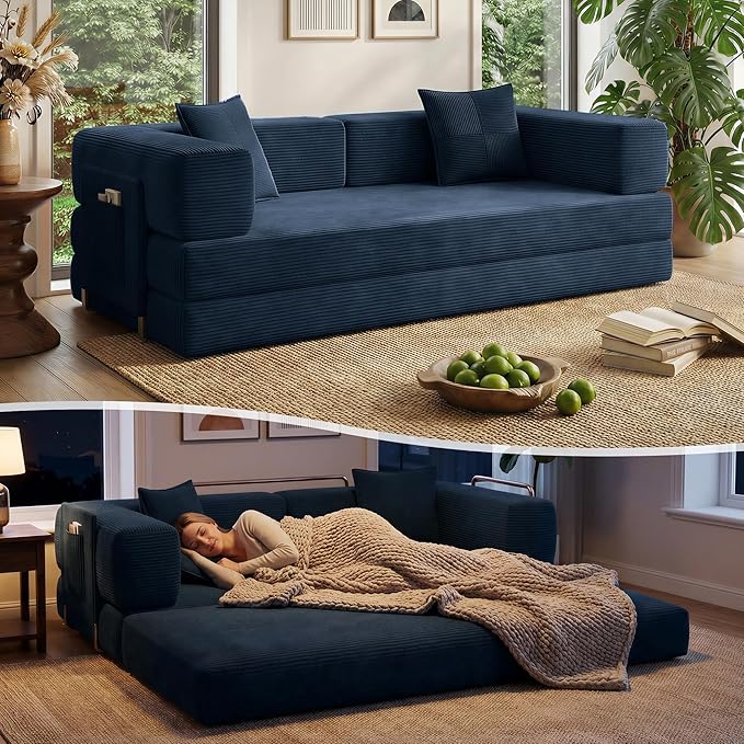 Fancyfire 78.8" Convertible Sofa Bed with Armrest Pillow,4-in-1 Sleeper Couch Bed for Livingroom,Modular Corduroy Boneless couches,No Assembly (Blue)