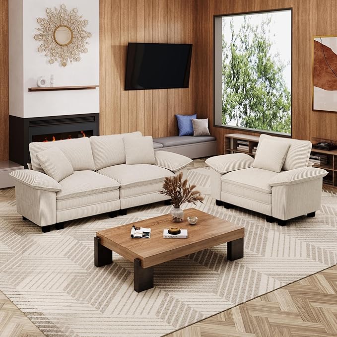 MIXPATIO L-Shaped Cloud Modular Sofa Set with Chaise, Deep Seat 3-Piece Sectional & Removable Arms, Plush Corduroy for Living Room - Beige