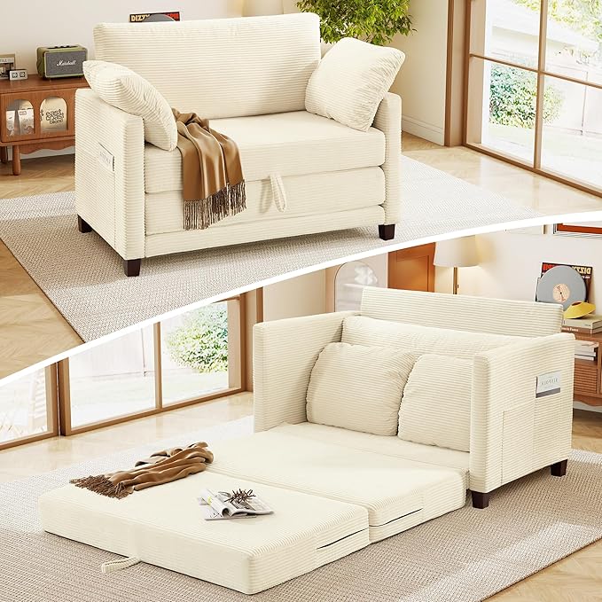 kakuboohi 51" Loveseat Sleeper Sofa Bed, Corduroy Convertible Floor Sofa Bed for Small Spaces, Folding Couch Bed with Deep Seat, 2 Pillows & Solid Frame, Pull Out Floor Couch for Living Room, Beige