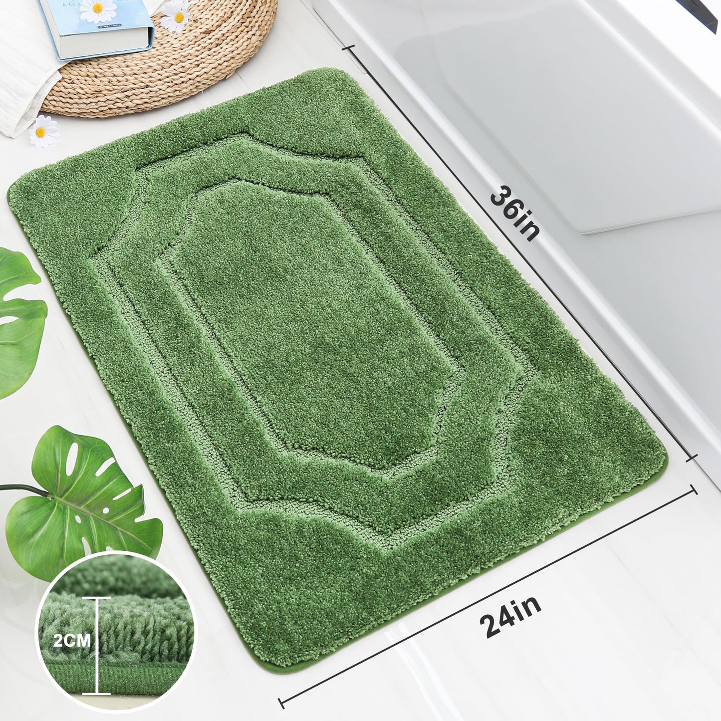 BEQHAUSE Bathroom-Rugs-Non-Slip-Bath Mats for Bathrooms Soft and Absorbent Polyester Microfiber Bathmat Machine Washable Quick Dry Shaggy Shower Mat for Bathtub and Sink,24" x36”,Green