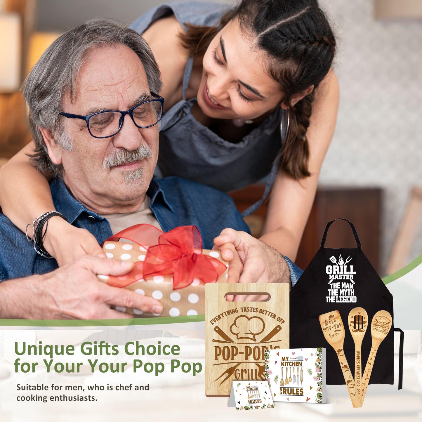 Pop Pop Gifts, Pop Gifts from Grandkids, Poppop Birthday Gift Wooden Cutting Board Utensils Set with Apron, Great Pop Grandprents Day Fathers Day Stocking Stuffer Kitchen Gift