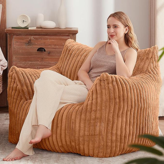 Achicsofar Giant Bean Bag Chairs for Adults Teens, Large Bean Bag Sofa Chairs with Filling Comfy Fuzzy BeanBag Chair with Armrests for Bedroom Living Room Reading (Brown, Large)