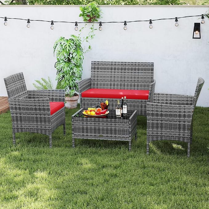 RELAX4LIFE 4-Piece Patio Furniture Set - Rattan Outdoor Conversation Bistro Set w/Cushions, Glass Coffee Table, Wicker Chairs & Loveseat for Garden Backyard Porch, Balcony Furniture (1, Mix Grey-Red)