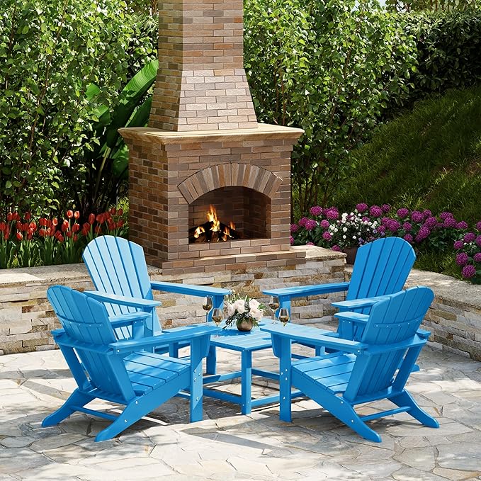 Costaelm Patio Conversation Set, Patio Chairs Set of 5 Balcony Firepit Furniture Outdoor Adirondack Square Table and Chair Backyard Furniture Set for Lawn Porch Pool Garden, Pacific Blue